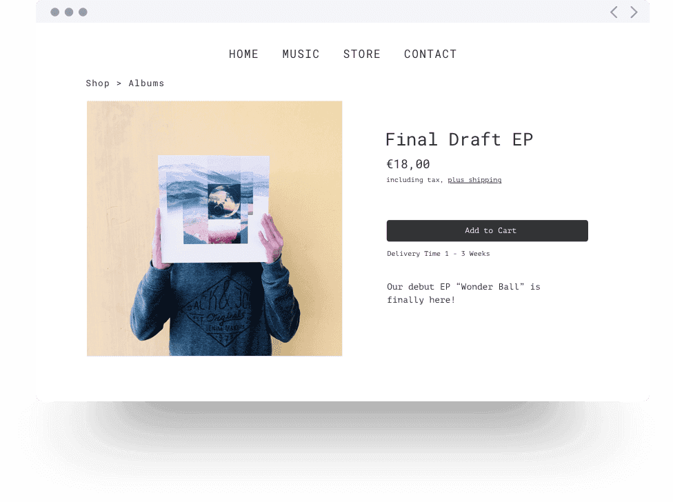 Esempio di uno shop online su un sito di musica che vende merchandising
